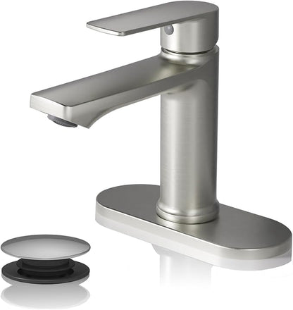 BELZ Nickel Bathroom Faucet, Lead-Free 1 or 3 Hole (4") Vanity Sink Faucet | NSF372 Compliant, Anti-corrosion Coating, 6'' Single Handle Sink Faucet with pop-up drain & hot/cold hoses, Easy DIY Install