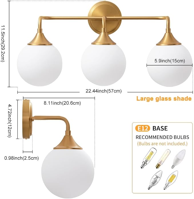 Brushed Gold Bathroom Light Fixtures Over Mirror Vanity 3-Light | Mid Century Modern Brushed Gold Wall Sconce with Milky White Glass Ball Shades for for Bathroom Dressing Table Bedroom