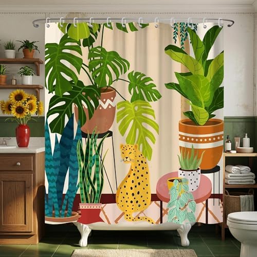 Tropical Boho House Plant Leopard Jungle Shower Curtain 72x72 Inches