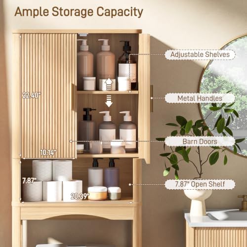 Vabches Farmhouse Over Toilet Storage Cabinet with 2 Fluted Doors,Natural