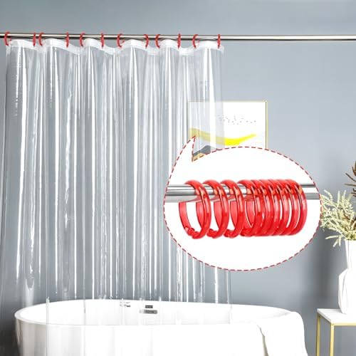 Red Shower Curtain Hooks - 12 Pcs Circular Plastic Shower Curtain Rings for Bathroom - O Shaped Transparent Red Shower Hooks Rings for Shower Curtain Rod