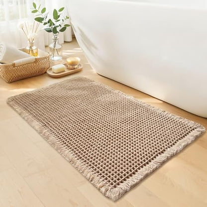 Waffle Bath Mat, Boho Bathroom Rug Non Slip Washable, 24 x 36, Khaki