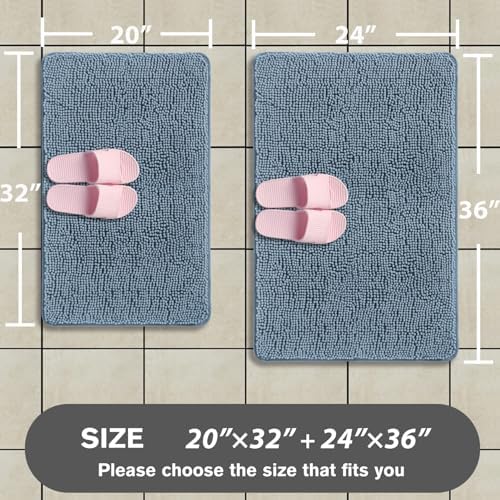 Blue Bathroom Rugs Sets 2 Piece – Absorbent and Washable Bath Mat, Non-Slip, Thick Soft Chenille Bath Rugs for Bathroom Floor, Shower, Sink - 20" x 32"+24" x 36"