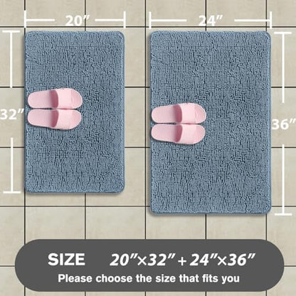 Blue Bathroom Rugs Sets 2 Piece – Absorbent and Washable Bath Mat, Non-Slip, Thick Soft Chenille Bath Rugs for Bathroom Floor, Shower, Sink - 20" x 32"+24" x 36"
