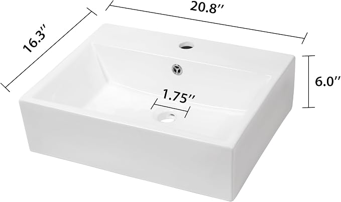 Wall Mount Bathroom Sink 21x16 Inch Rectangle Bathroom Sink | Floating Vessel Sink Rectangle Bathroom Sink Above Counter White Ceramic Basin White Rectangle Porcelain Vessel Sink
