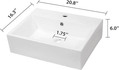 Wall Mount Bathroom Sink 21x16 Inch Rectangle Bathroom Sink | Floating Vessel Sink Rectangle Bathroom Sink Above Counter White Ceramic Basin White Rectangle Porcelain Vessel Sink
