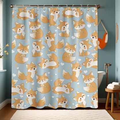 Cute Fox Shower Curtain Kids Toddler Cartoon Animal Shower Curtains for Bathroom Decor, Waterproof Cloth Fabric with Hooks 70" W x 84" L