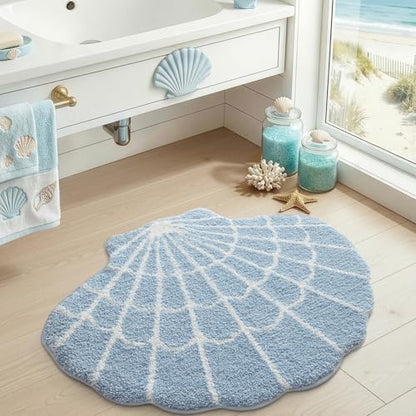 DEXI Cute Seashell Bath Mat, Coastal Scallop Bathroom Rug, 31x24 Blue