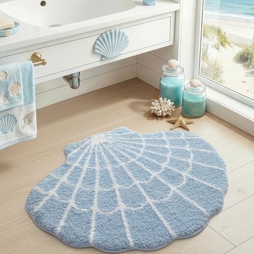 DEXI Cute Seashell Bath Mat, Coastal Scallop Bathroom Rug, 38x30 Blue