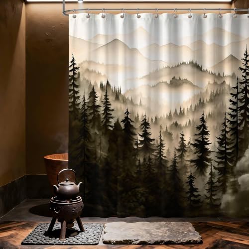 Dark Brown Forest Shower Curtain, 72x72 in, Mountain Pine Tree Bronze