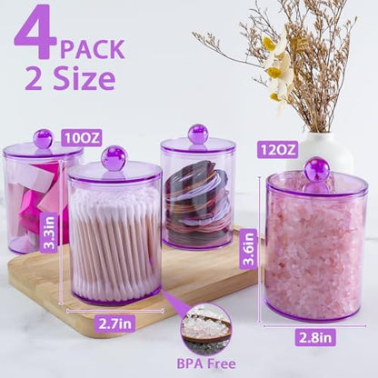 4 Pcs Acrylic Qtip Holder, Cotton Ball Holder Jars with Lids, Purple