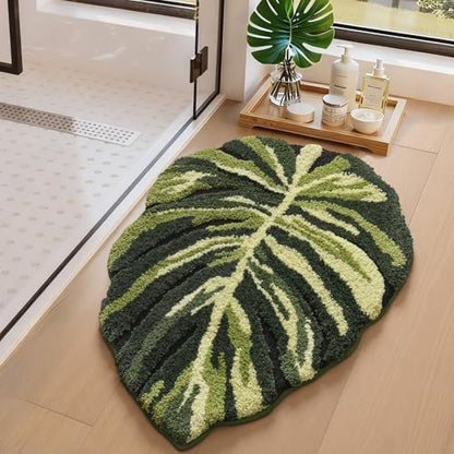 LUMI Cute Bathroom Rug Green Leaf, Absorbent Non Slip Bath Mat, 24"x32"