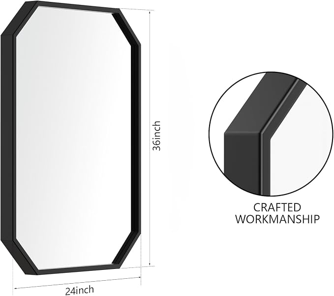 24x36 Inch Octagon Mirror for Bathroom Black Wall Mirror Rectangle Mirror | Black Bathroom Mirror Metal Frame Wall Mirror Decorative Rustic Accent Vanity Mirror Hanging for Over Sink Entryway