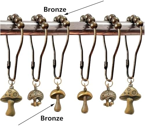 Mushroom Shower Curtain Hooks, 12Pcs Rustproof Metal Cute Retro Mushroom Shower Curtain Hooks Rings for Boho Fairy Forest Country Cottagecore Style Home Bathroom Decor (Set-Bronze)