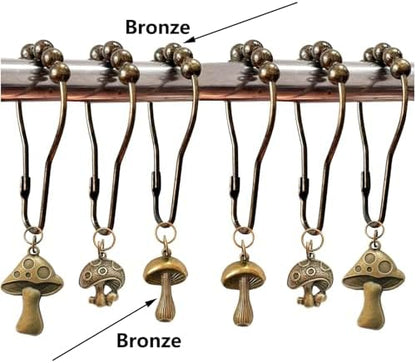 Mushroom Shower Curtain Hooks, 12Pcs Rustproof Metal Cute Retro Mushroom Shower Curtain Hooks Rings for Boho Fairy Forest Country Cottagecore Style Home Bathroom Decor (Set-Bronze)