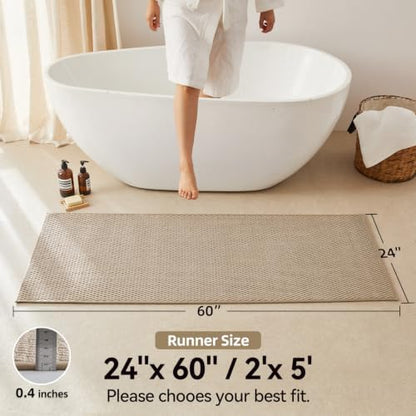 Triohero Bathroom Runner Rug, Long Bath Mat Washable Thin Quick Dry Low Pile Bathroom Runner Rugs 24 x 60 Non Slip, Beige 24x60