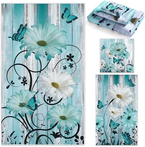 Moukeren Set of 3 Teal Daisy Bath Towels, Decorative Towels for Bathroom