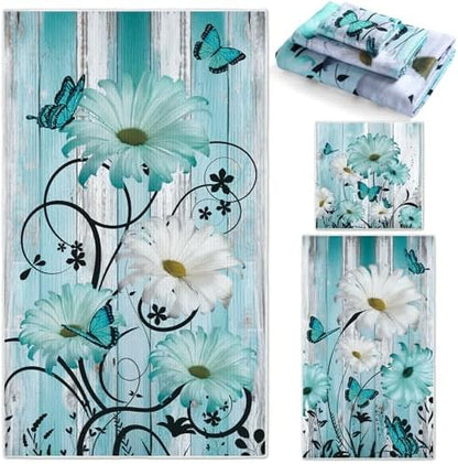 Moukeren Set of 3 Teal Daisy Bath Towels, Decorative Towels for Bathroom