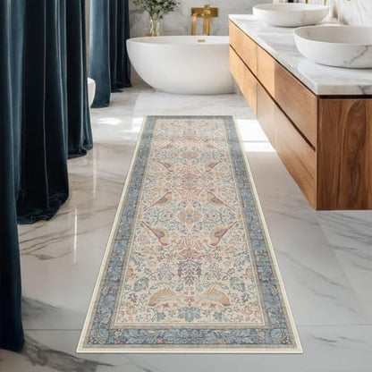 Hazo Haus Natural Red Blue 2'6"x8' Hallway Runner Rug, Boho Kitchen Floor Mat for Indoor Entrance and Bathroom, Washable Vintage Floral & Bird Pattern Decor, Non Slip Rubber Backing