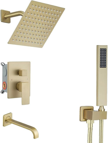 ‎Brushed Gold Shower Faucet Set with Tub Spout Bathroom Rainfall 8 Inch Shower Head System with Handheld Single Handle Shower Trim Kit with Rough-in Valve