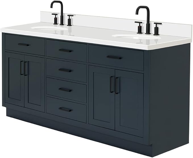 ARIEL Hepburn 72-inch Bathroom Vanity with Sink,Solid Wood, 1.5-inch Pure White Quartz Countertop & Backsplash, Double Oval Porcelain Sink, 4 Soft Closing Doors, 6 Dovetail Drawers, Midnight Blue