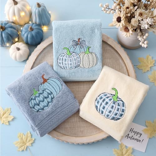 FuWeave 3 Pcs Blue White Fall Pumpkin Hand Towels for Bathroom