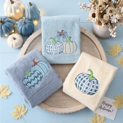 FuWeave 3 Pcs Blue White Fall Pumpkin Hand Towels for Bathroom