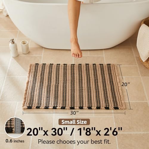 Triohero Waffle Bath Mat, Boho Bathroom Rugs Non Slip, 20x30 Khaki & Black