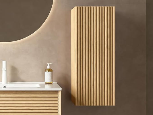 12" Wall-Mounted Floating Striped Bathroom Vanity Side Cabinet with a Door and a Shelf, (Suitable for Sedona Bathroom Vanity), Light Oak