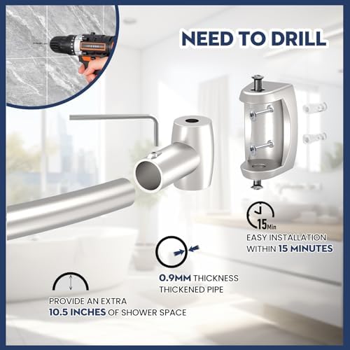 Brushed Nickel Curved Shower Curtain Rod 33-78 Inches Adjustable Splicing Design Shower Rods Curved Round Bowed Rust proof, Need To Drill Shower Curtain Rod for Bathroom, Bathtub, Stall