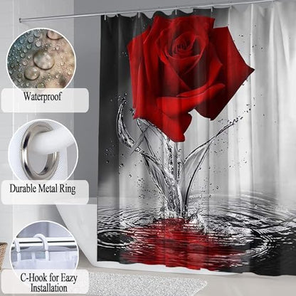 4Pcs Red Rose Shower Curtain Sets, Romantic Water Red Rose Bathroom Sets with Shower Curtain and Rugs Toilet Lid Cover Bath Mat, Waterproof Fabric Shower Curtains with Hooks