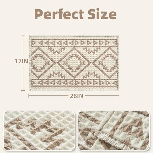 PADOOR-Waffle Bath Mat-Super Absorbent Bath Mats for Bathroom, Machine Washable Non Slip Bathroom Rug with Tassels, Soft Bathroom Mat for Laundry Room, Bedroom,Cream & Brown 17"x28"