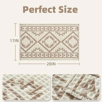 PADOOR-Waffle Bath Mat-Super Absorbent Bath Mats for Bathroom, Machine Washable Non Slip Bathroom Rug with Tassels, Soft Bathroom Mat for Laundry Room, Bedroom,Cream & Brown 17"x28"