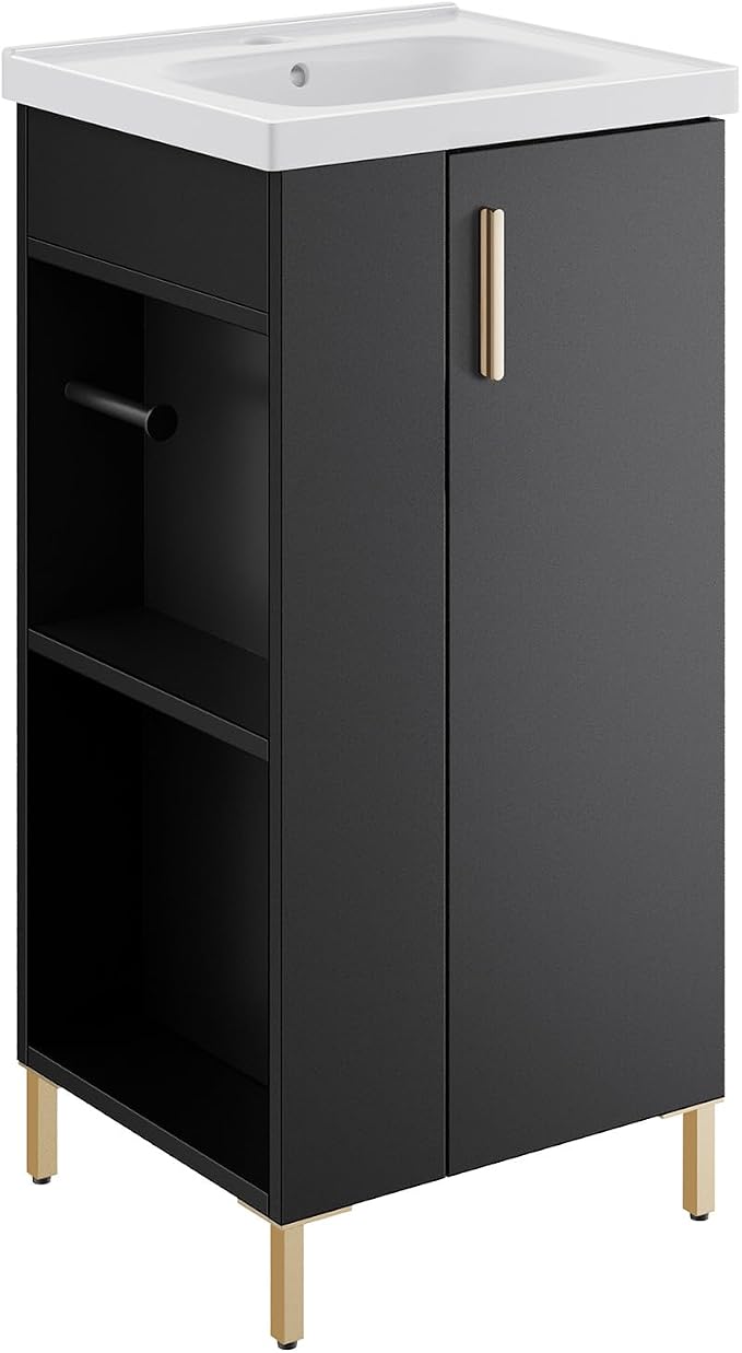 Pre-Assembled 16 Inch Black Small Bathroom Vanity, Freestanding Bathroom Cabinet with Ceramic Sink, Soft-Close Door, Left Side Storage, No Faucet, BV05-16-PUREBLACK-PLUS