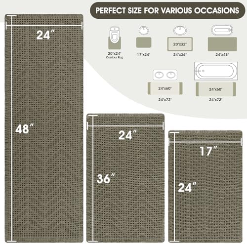 Upgraded Waffle Bath Mat Set 3 Piece Greyish Green-Herringbone, Super Absorbent Non-Slip Quick Dry Bathroom Rugs with Tassels, Machine Washable Ultra Soft Boho Bath Rugs,Bath Mats Boho Farmhouse Decor