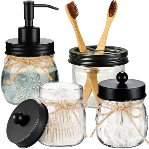 Amolliar Glass Mason Jar Bathroom Accessories Set 4 Pcs (Black)
