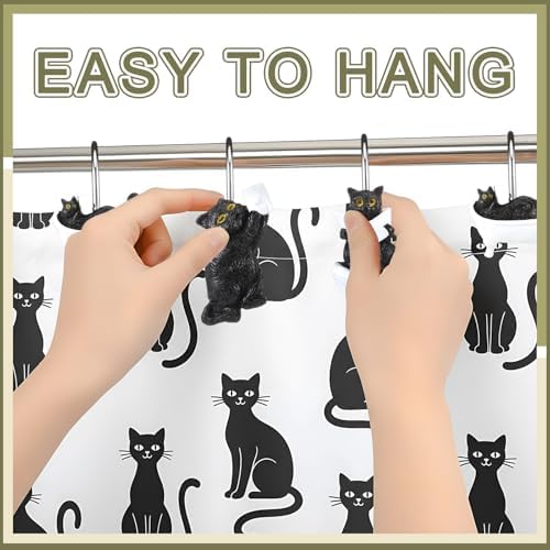 Roowest 12 Pcs Black Cat Shower Curtain Hooks, Stainless Steel Farmhouse