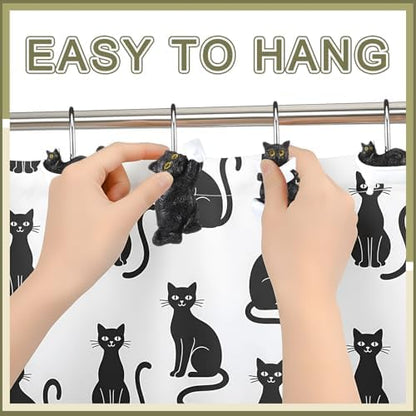 Roowest 12 Pcs Black Cat Shower Curtain Hooks, Stainless Steel Farmhouse
