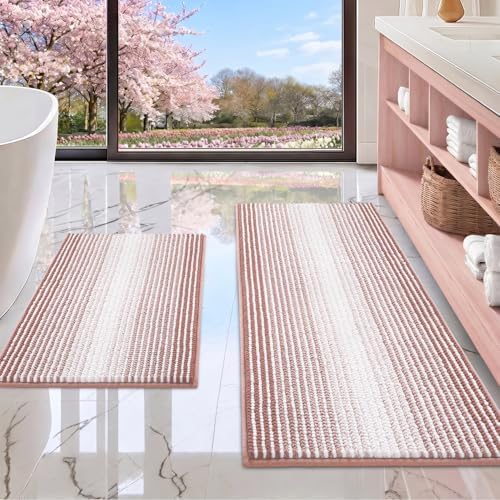 BSICPRO Bathroom Rugs Sets 2 Piece, Non Slip Striped Bath Mats, Mist Pink