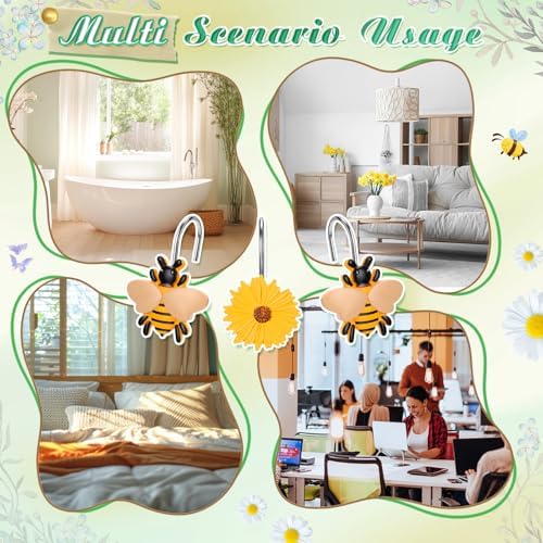 Thyle 12 Pcs Spring Daisy Flower Bee Shower Curtain Hooks, Spring Flower Resin Ornament Rings Cute Yellow Shower Curtain Hooks Decorative Rings for Home Holiday Wedding Bathroom Bedroom Accessories