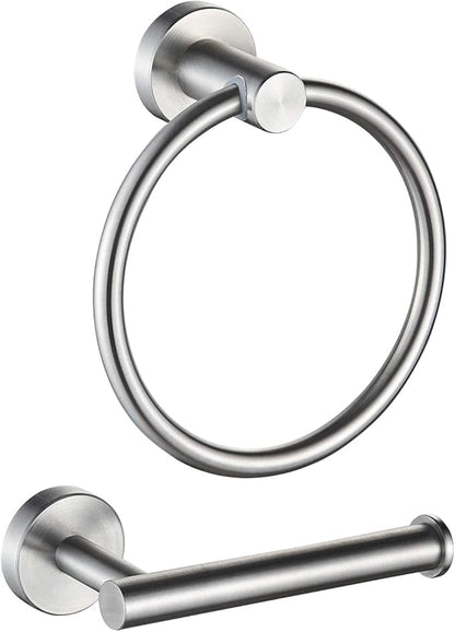 MARMOLUX ACC 2-Pc Bathroom Hardware Set - Hand Towel Holder for Bathroom Wall - Toilet Paper Holder Stand Wall Mount - Towel Holder Hanger Rack Stainless Steel Bathroom Set Towel Ring - Brushed Steel