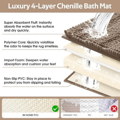 ACCUMTEK Striped Dark Beige Toilet Bathroom Rug Mat Set 2 piece Rug Ultra Soft, Non Slip Chenille Bath Rugs, Absorbent Plush Shaggy Bath Mats for Bathroom, Bedroom, Kitchen, Shower, Tub,Taupe