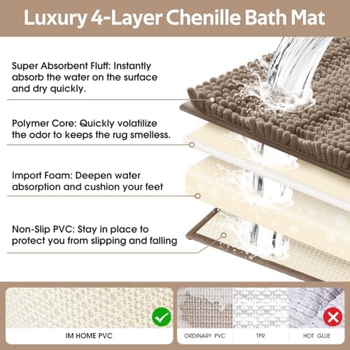ACCUMTEK Striped Dark Beige Bathroom Rug Mat Set 2 piece 32"x20"+24"x17" Ultra Soft, Non Slip Chenille Bath Rugs, Absorbent Plush Shaggy Bath Mats for Bathroom, Bedroom, Kitchen, Shower, Tub,Taupe