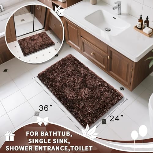 Yimobra Large Bathroom Rug Non Slip 36x24 Inch, Extra Thick Soft Absorbent Chenille Bath Mat, Machine Washable Quick Dry Bath Rugs for Bathroom Floor, Tub and Shower, Home Decor Accessories, Brown