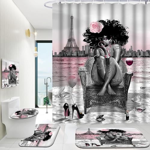 African American Woman Bathroom Shower Curtain Set, Pink Grey