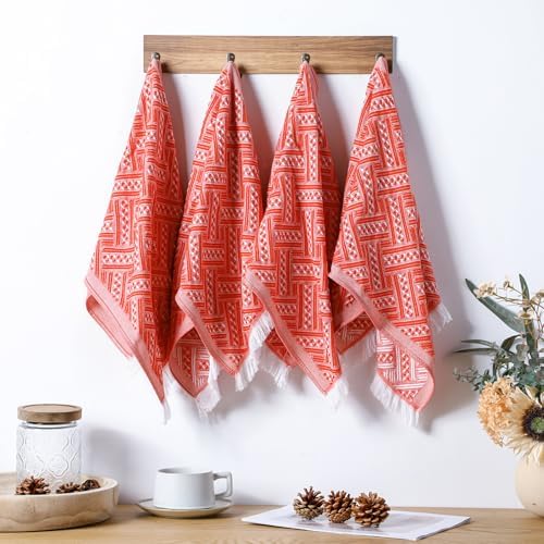 HunnmingRe 4 Pack Boho Hand Towel for Kitchen, Red Orange ,White