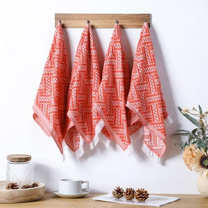 HunnmingRe 4 Pack Boho Hand Towel for Kitchen, Red Orange ,White
