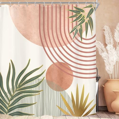 Mid Century Pink Green Boho Abstract Modern Bathroom Shower Curtain Set