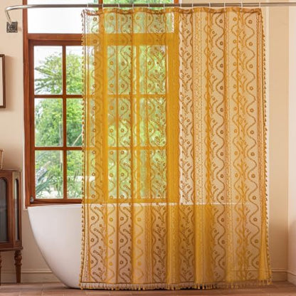 WAZZIO Yellow Lace Shower Curtain for Bathroom 72" W x 72" L, Victorian Farmhouse Floral Pattern Tassel Fancy Shower Curtain Boho Washable Cloth Decorative Bath Curtains,1 Panel