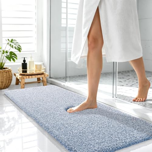 OLANLY Microfiber Soft Bathroom Rugs Mats 47x17, Cornflower Blue and White
